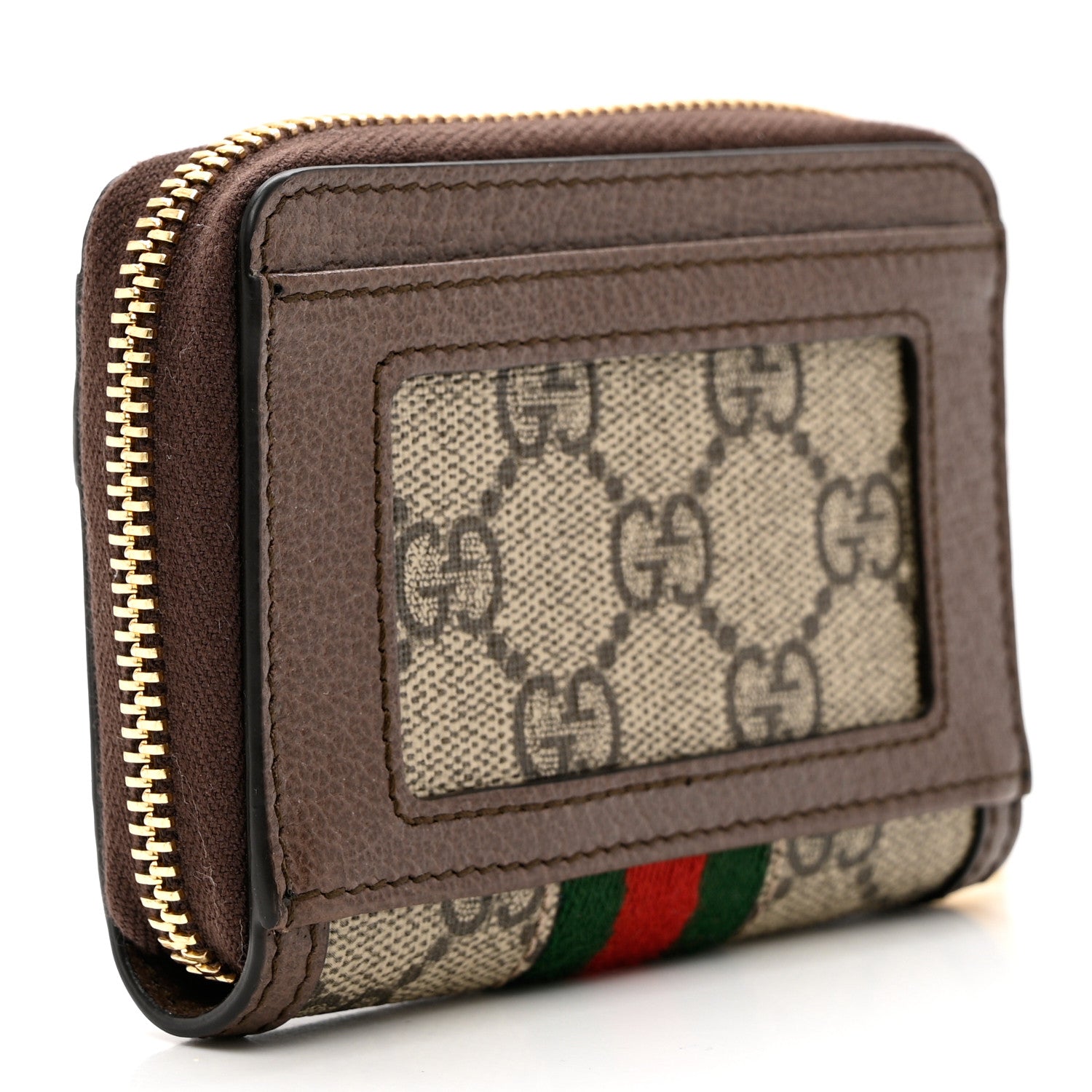 Gucci GG Supreme Monogram Textured Dollar Calfskin Web Ophidia Zip Around Card Case Wallet Beige Ebony New Acero 3 of 8