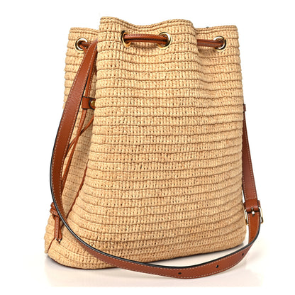 Celine Raffia Calfskin Triomphe Drawstring Bucket Natural Tan 3 of 11