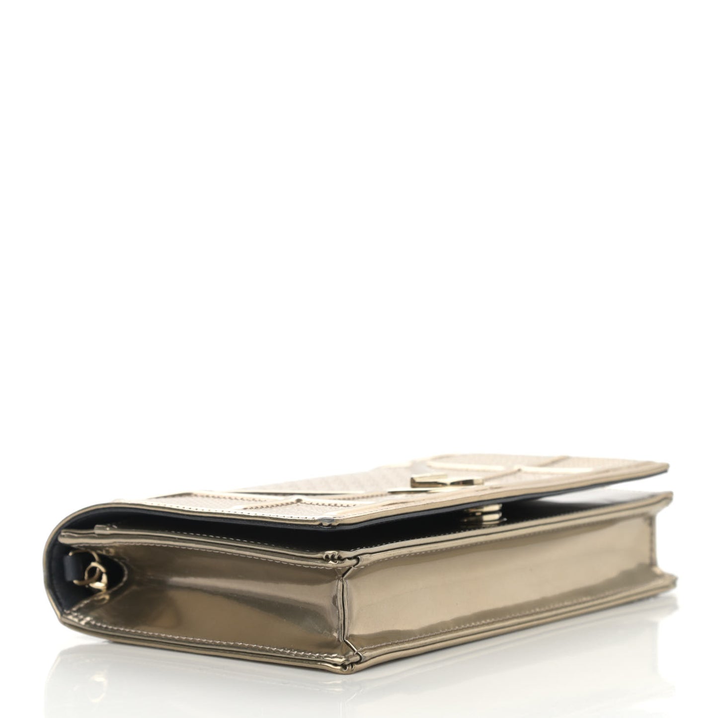 Metallic Patent Micro-Cannage Diorama Wallet on Chain Pouch Gold