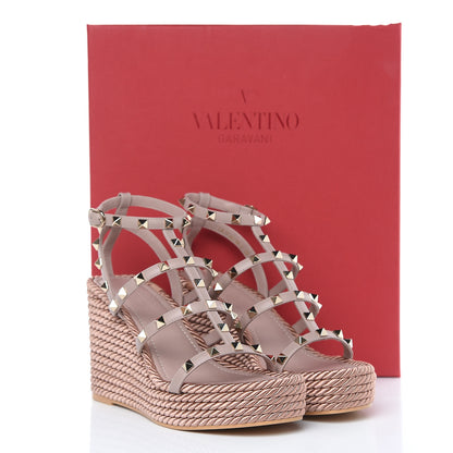 Valentino Garavani Calfskin Rockstud Ankle Strap Torchon Espadrille Caged 25/95mm Wedge Sandals 38 Poudre 10 of 10