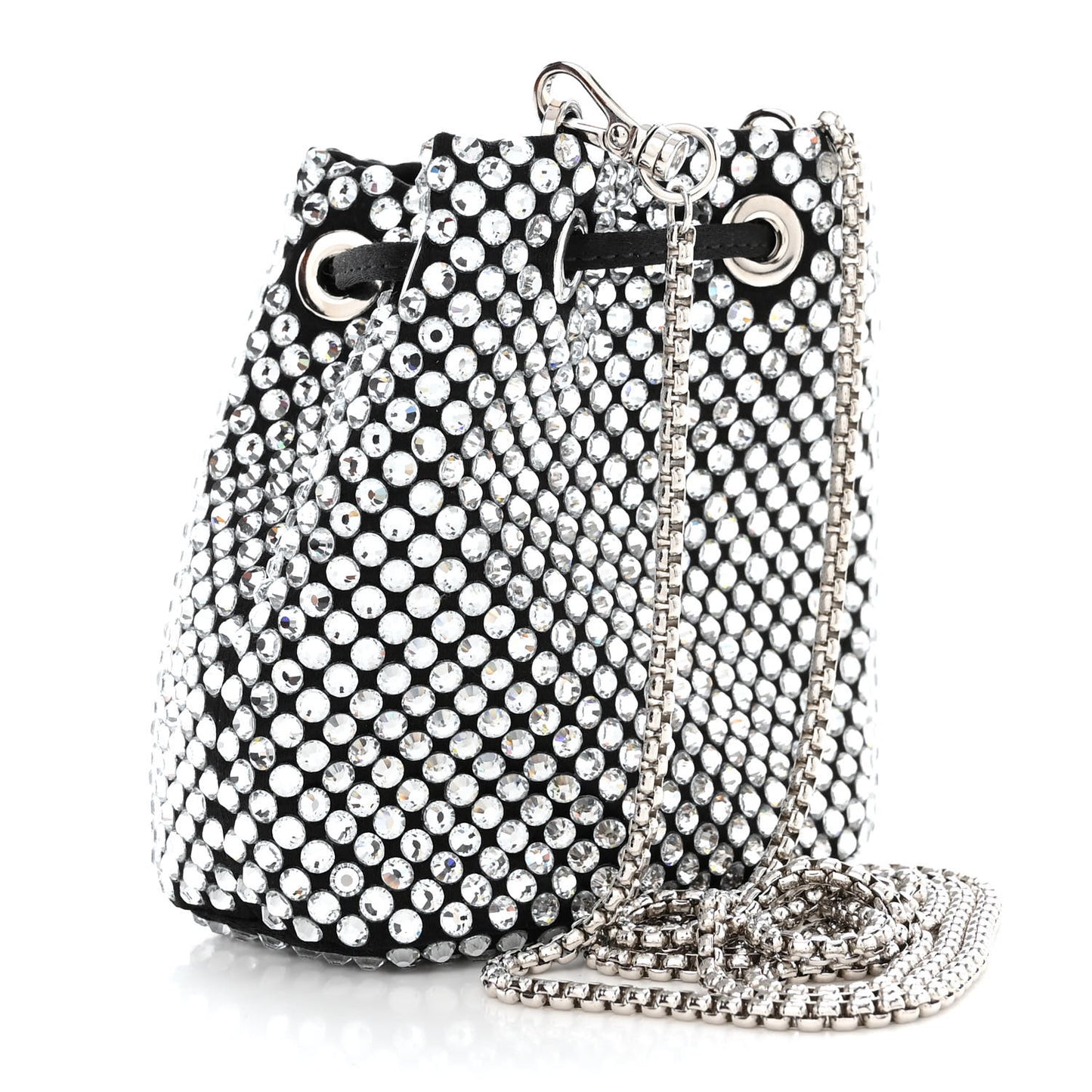 Satin Crystal Metal Triangle Logo Mini Drawcord Pouch Shoulder Bag Cristal
