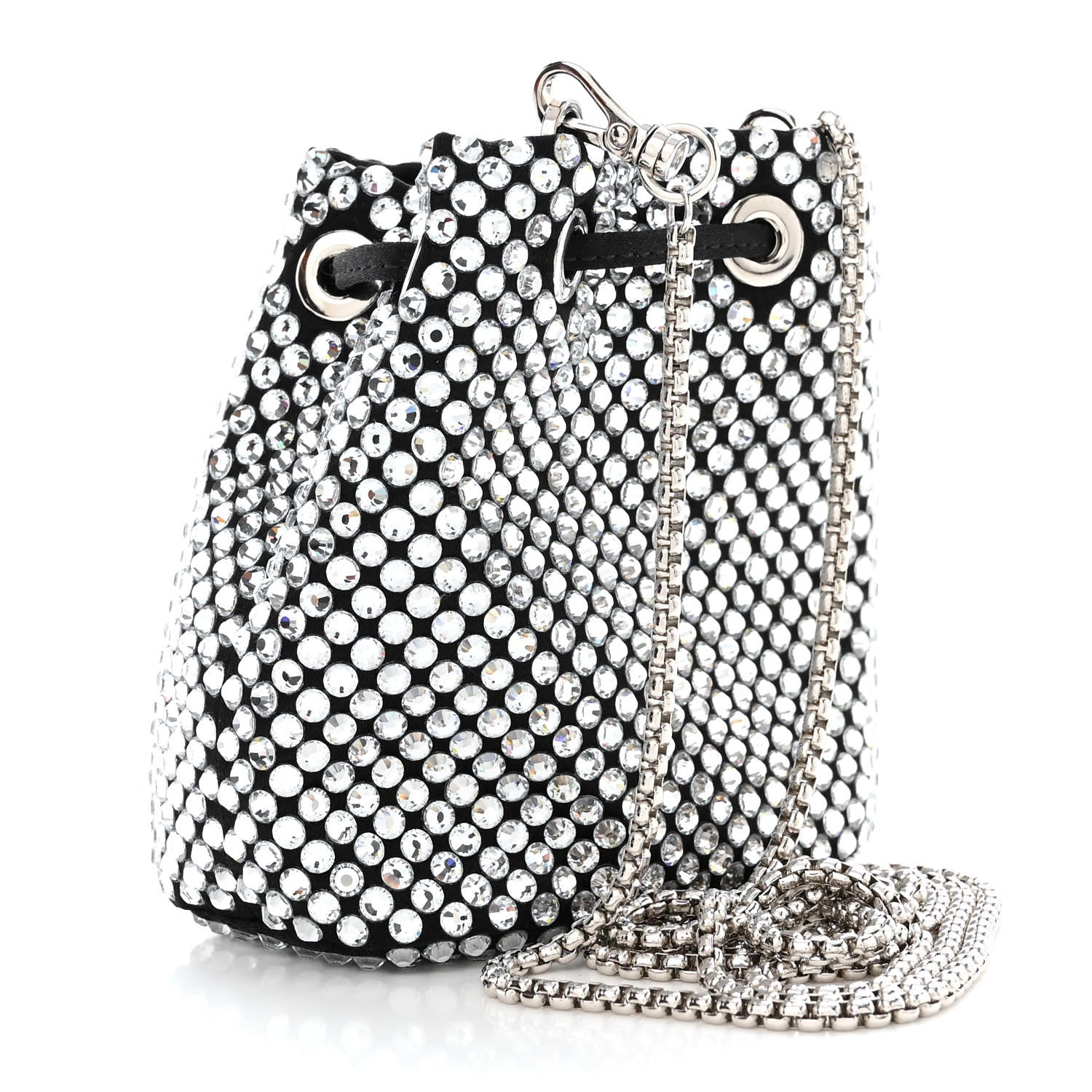 Prada Satin Crystal Metal Triangle Logo Mini Drawcord Pouch Shoulder Bag Cristal 3 of 12