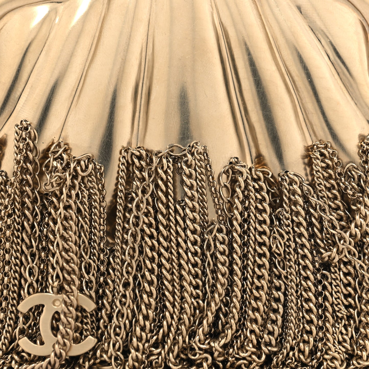Metal Seashell Kiss Lock CC Chain Fringe Minaudiere Clutch Gold