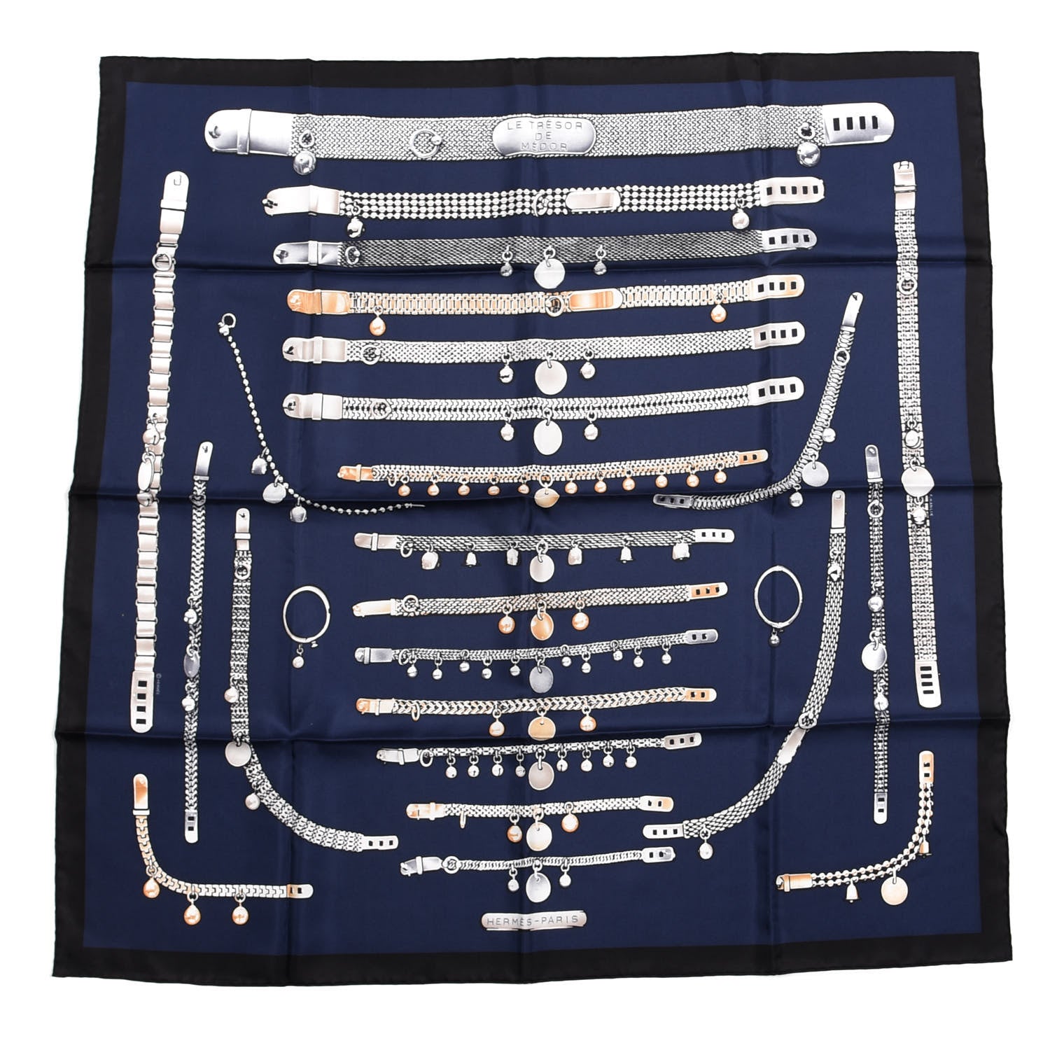 Hermes Silk Le Tresor De Medor Scarf 90 Black Bleu Marine Gris 1 of 4