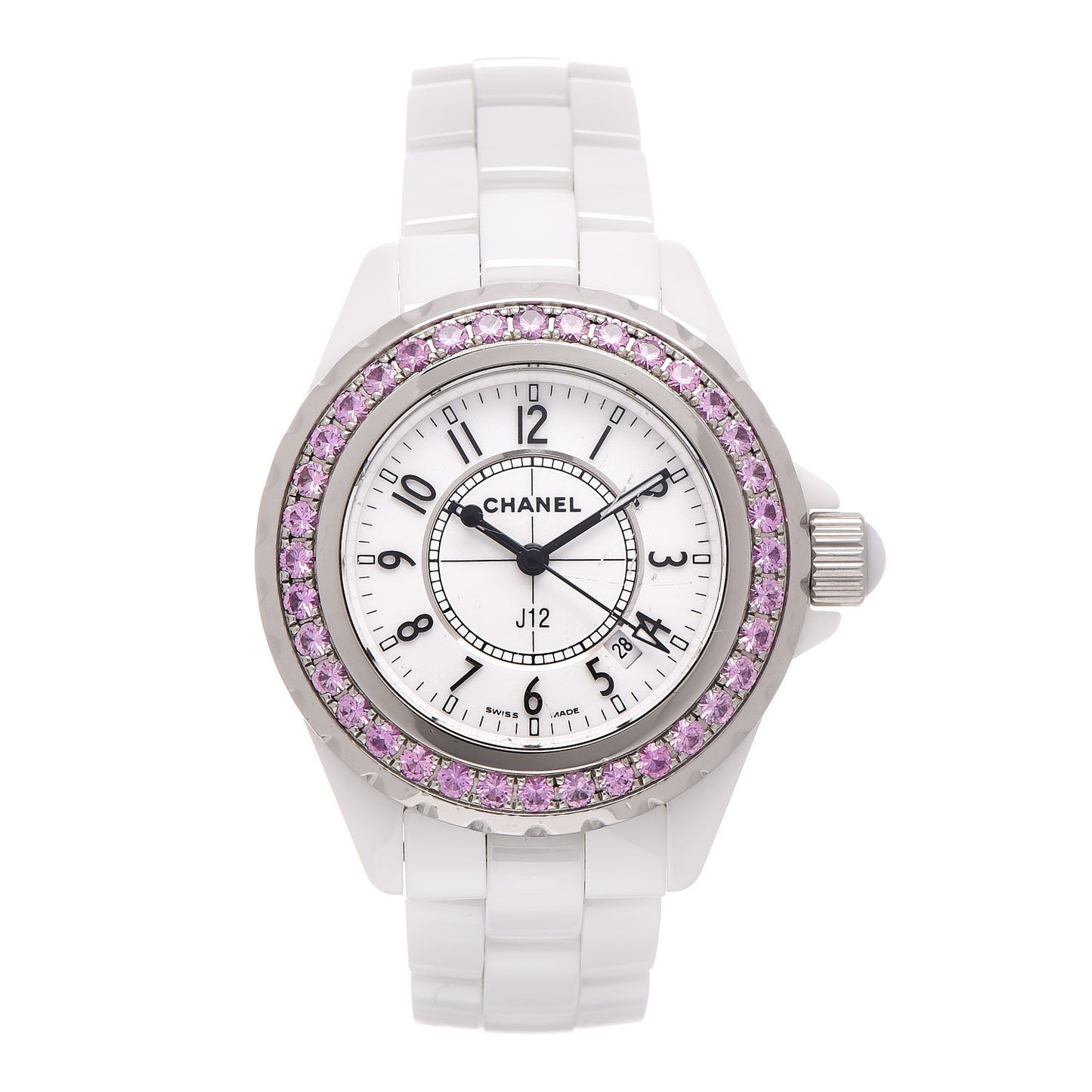 Stainless Steel Ceramic Pink Sapphire 33mm J12 Quartz Watch White