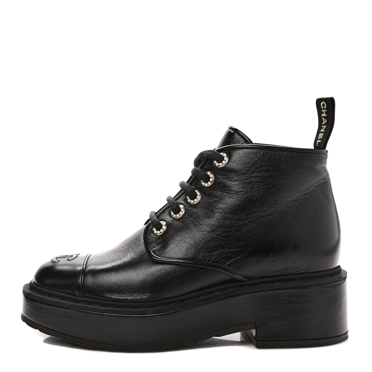 Shiny Calfskin Pearl Lace Up Combat Short Boots 37.5 Black