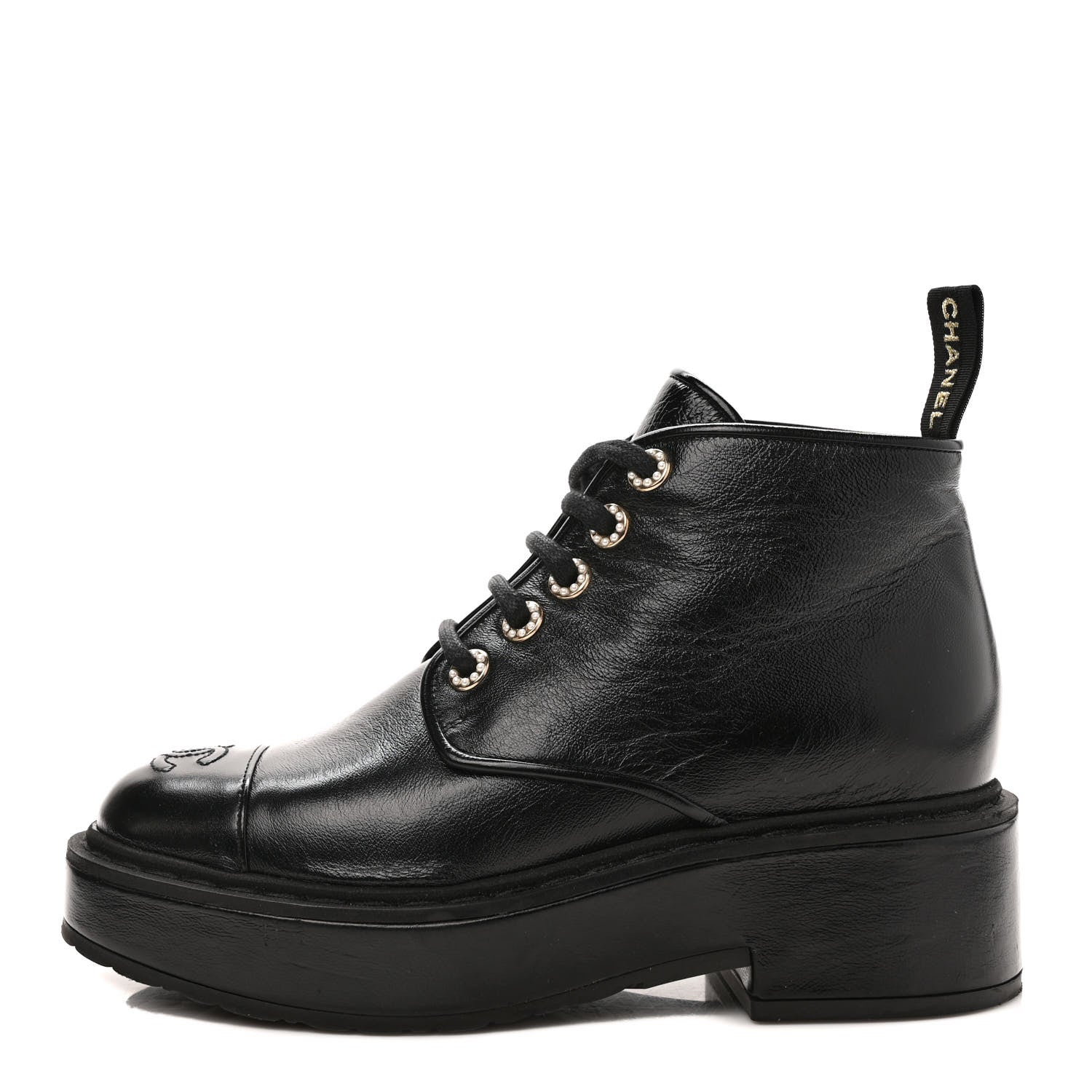 Chanel Shiny Calfskin Pearl Lace Up Combat Short Boots 37.5 Black 1 of 10