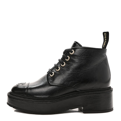 Chanel Shiny Calfskin Pearl Lace Up Combat Short Boots 37.5 Black 1 of 10