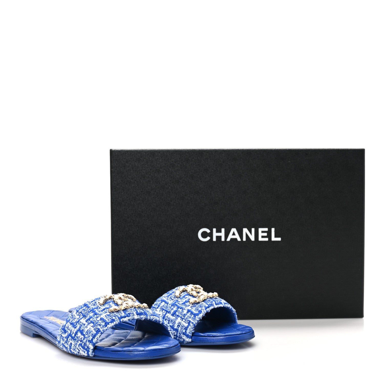 Chanel Cotton Tweed Chain CC Mule Sandals 38.5 Blue White 10 of 10