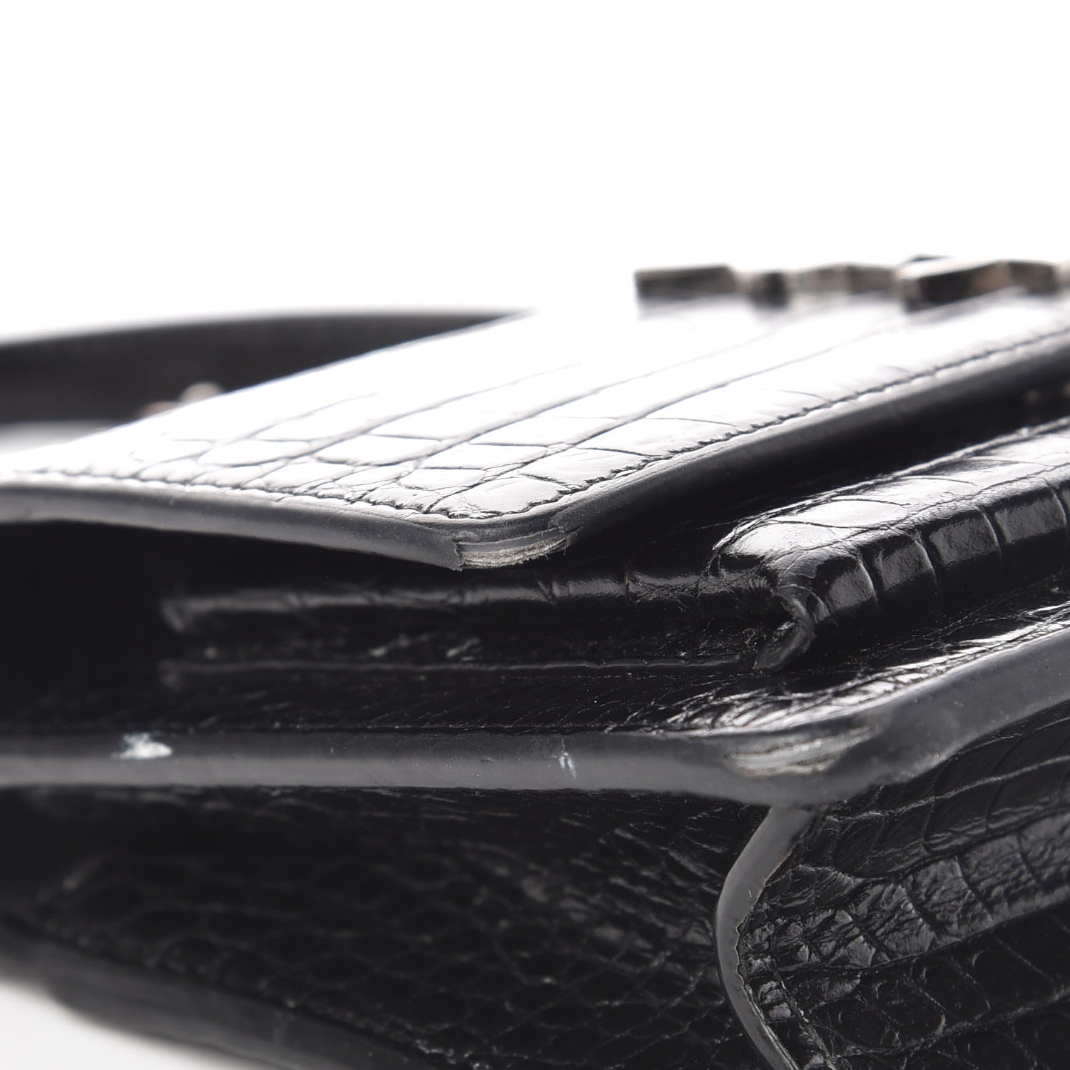 Saint Laurent Calfskin Crocodile Embossed Monogram Sunset Chain Wallet Black 11 of 12