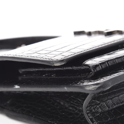 Saint Laurent Calfskin Crocodile Embossed Monogram Sunset Chain Wallet Black 11 of 12