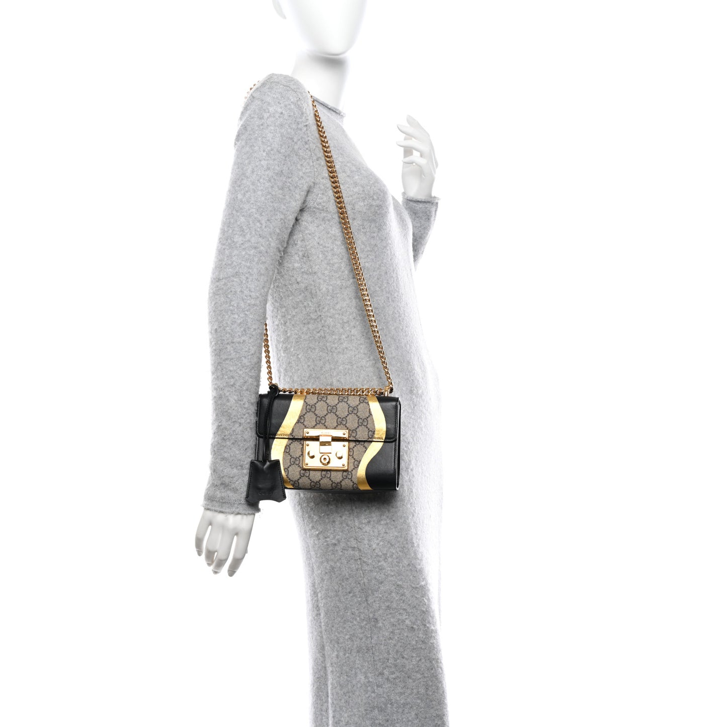 Calfskin GG Supreme Monogram Small Padlock Shoulder Bag Black Gold