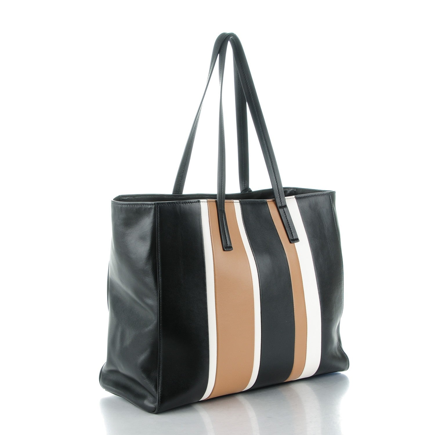 Prada Calfskin Baiadera Striped Shopping Tote Black Caramel White 3 of 7