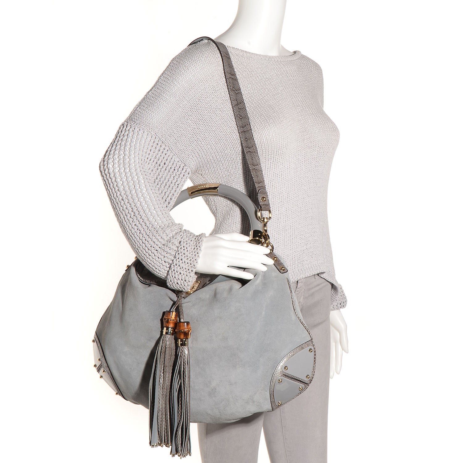 Gucci Suede Python Large Indy Top Handle Hobo Grey 2 of 15