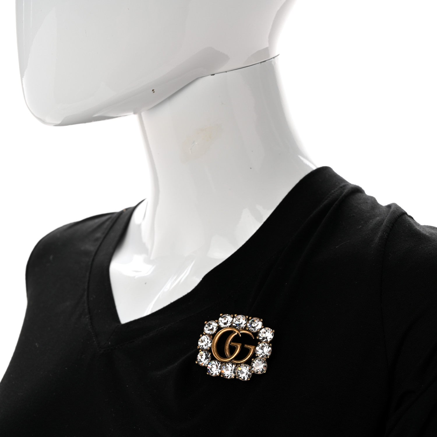 Gucci Metal Crystal Double G Brooch Aged Gold 2 of 5