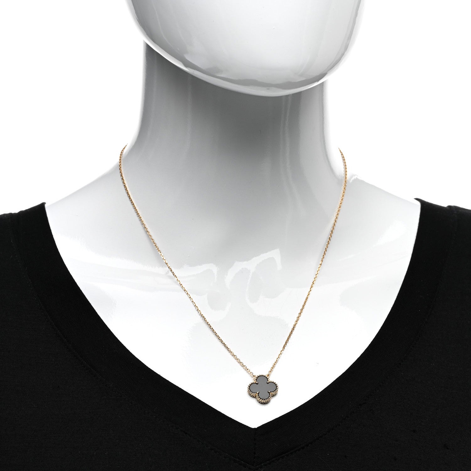 Van Cleef & Arpels 18K Yellow Gold Black Onyx Vintage Alhambra Pendant Necklace 2 of 5