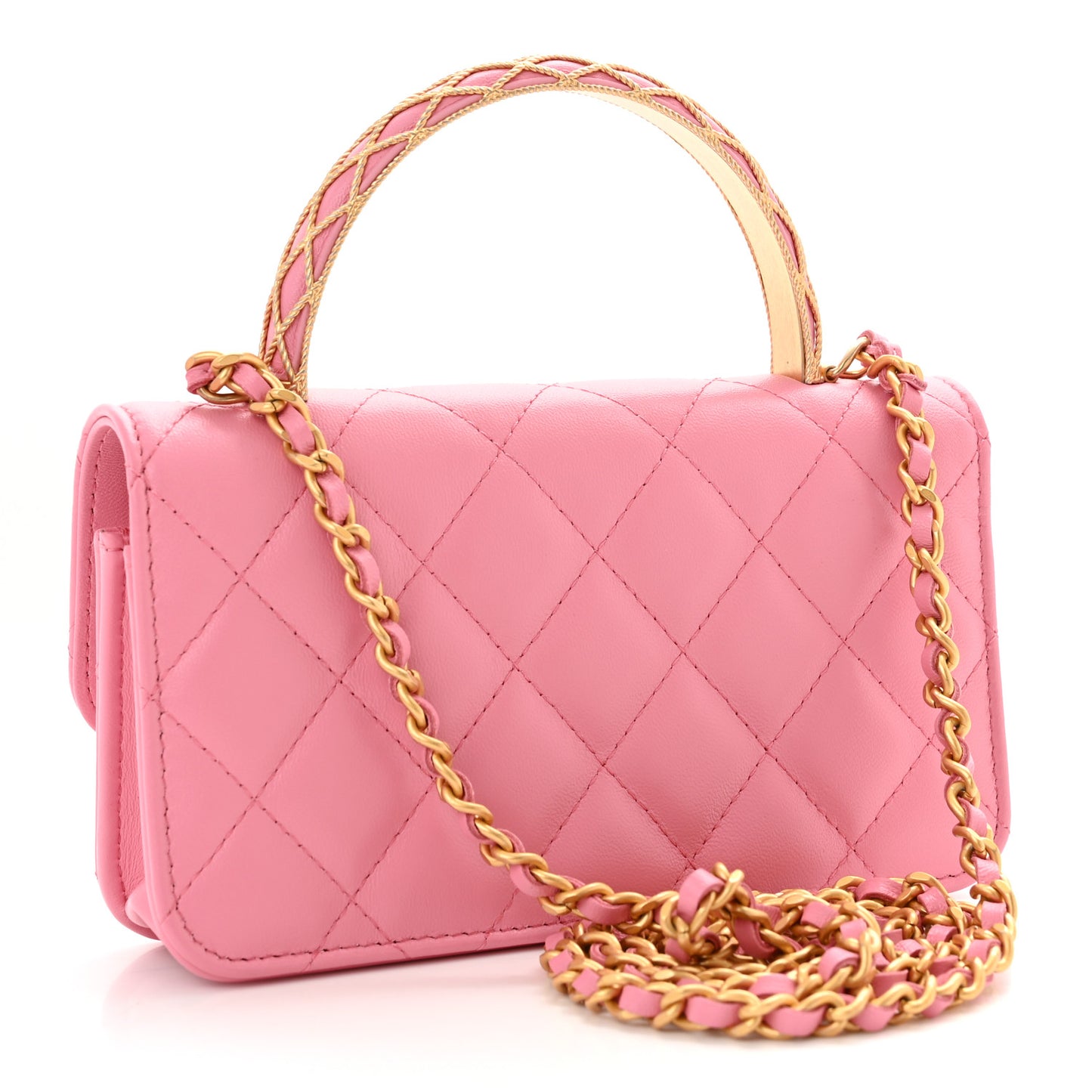 Lambskin Quilted Top Handle Phone Holder With Chain Pink