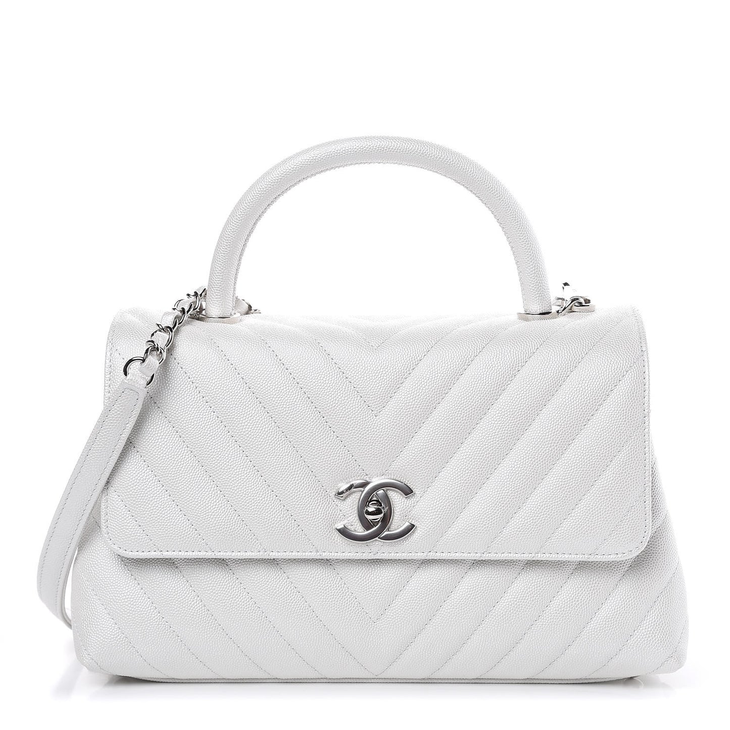 Iridescent Caviar Chevron Quilted Small Coco Handle Flap White