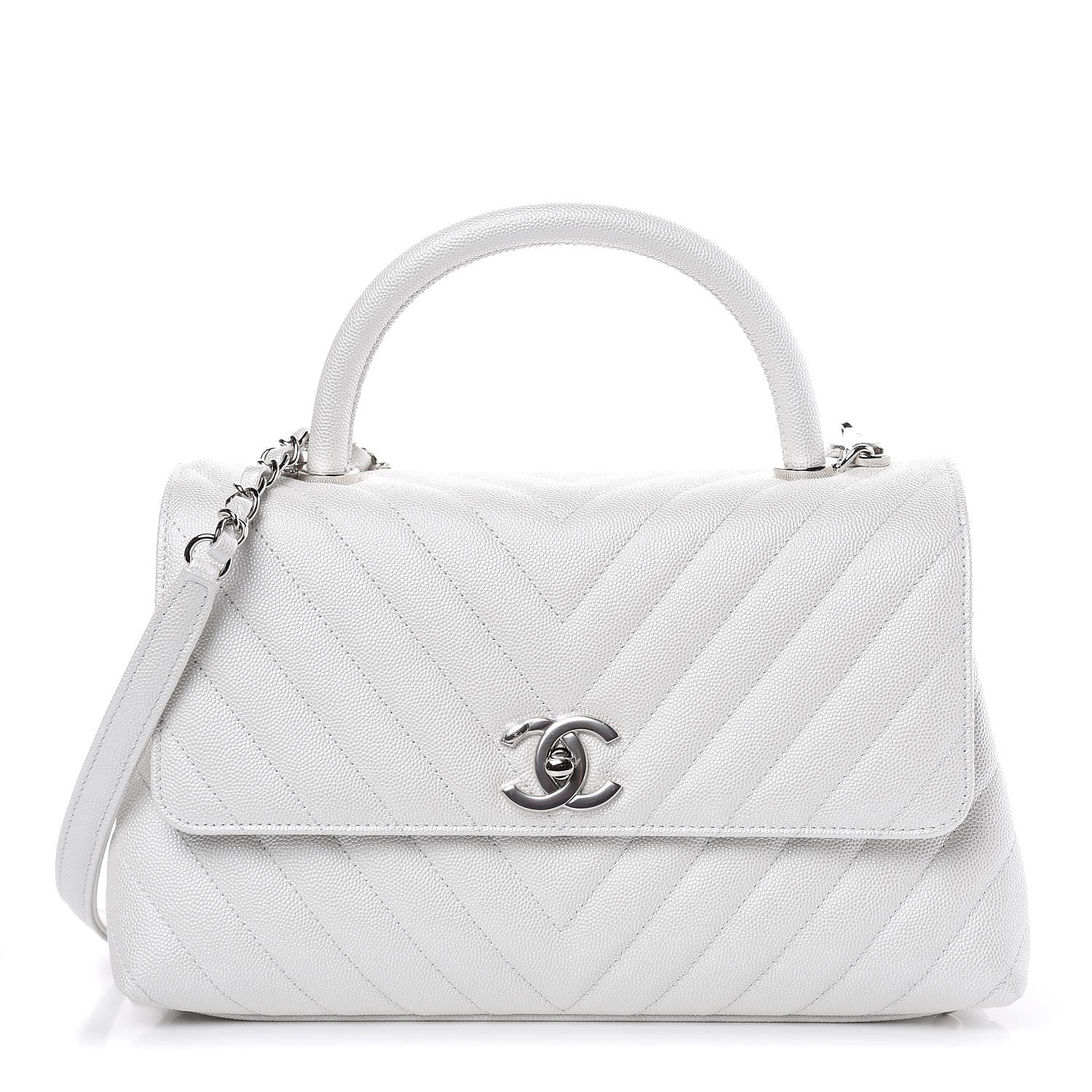 Chanel Iridescent Caviar Chevron Quilted Small Coco Handle Flap White 1 of 11