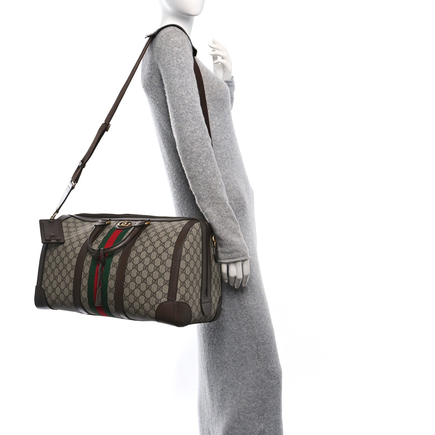 Gucci GG Supreme Monogram Textured Dollar Calfskin Web Medium Savoy Duffle Bag Beige Ebony New Acero 2 of 10