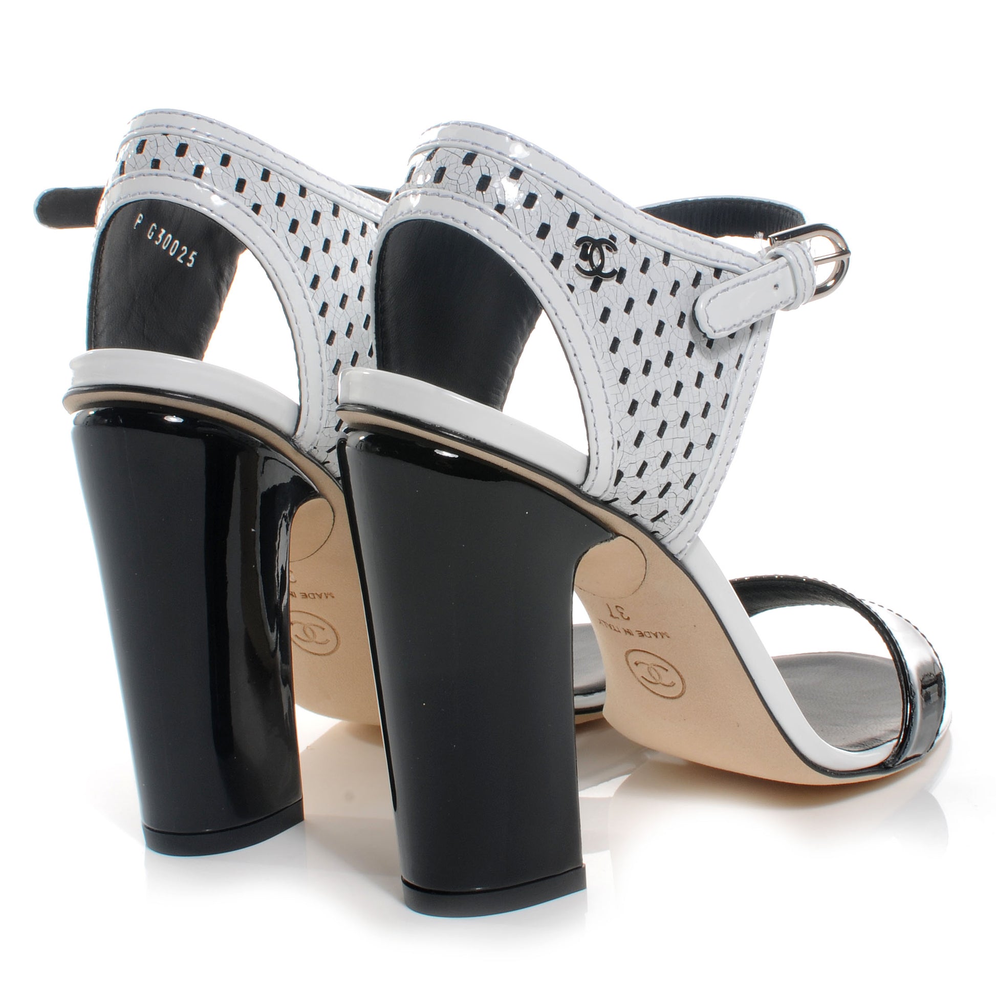 Chanel Perforated Crackled Patent Calfskin Sandals Heels White 37 Black 4 of 7