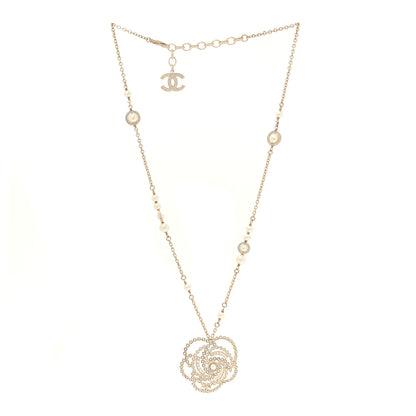 Chanel Pearl Crystal Lace Camellia Necklace Gold 3 of 6