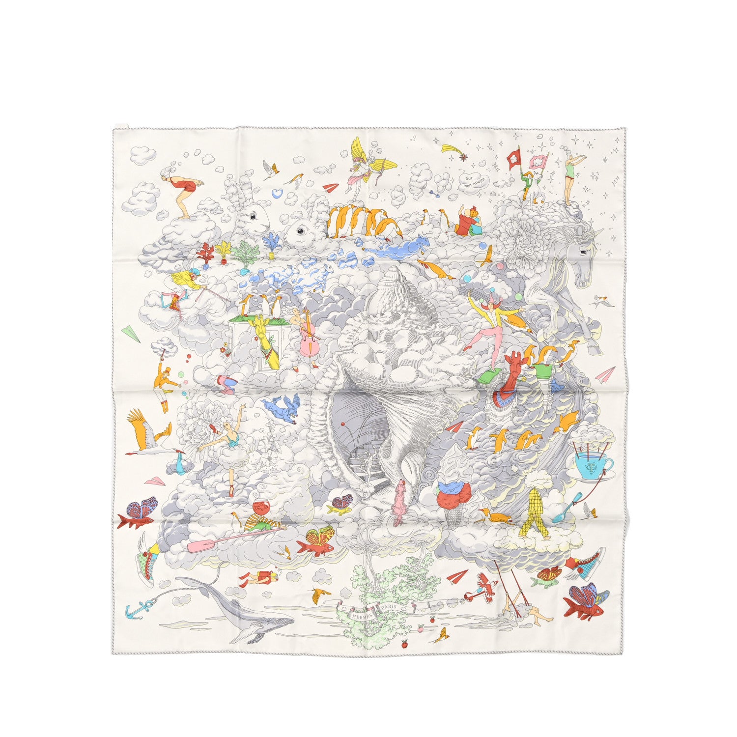 Hermes Silk Sur Mon Nuage Scarf 90 Creme Bleu Clair 1 of 10