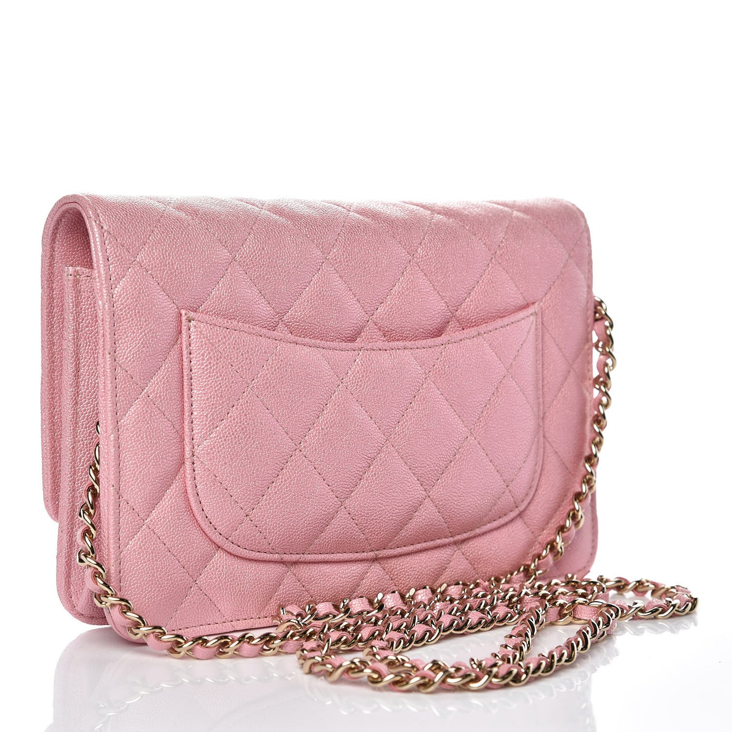 Iridescent Caviar Quilted Wallet on Chain WOC Rose Pink