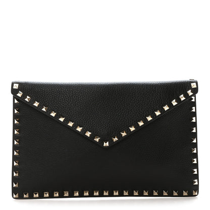 Valentino Garavani Pebbled Calfskin Large Rockstud Envelope Clutch Black 1 of 9