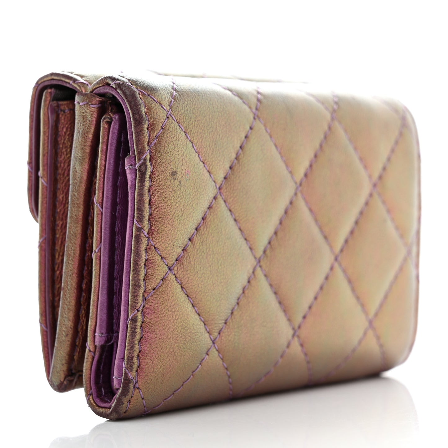 Iridescent Lambskin Quilted Double Flap Wallet Purple