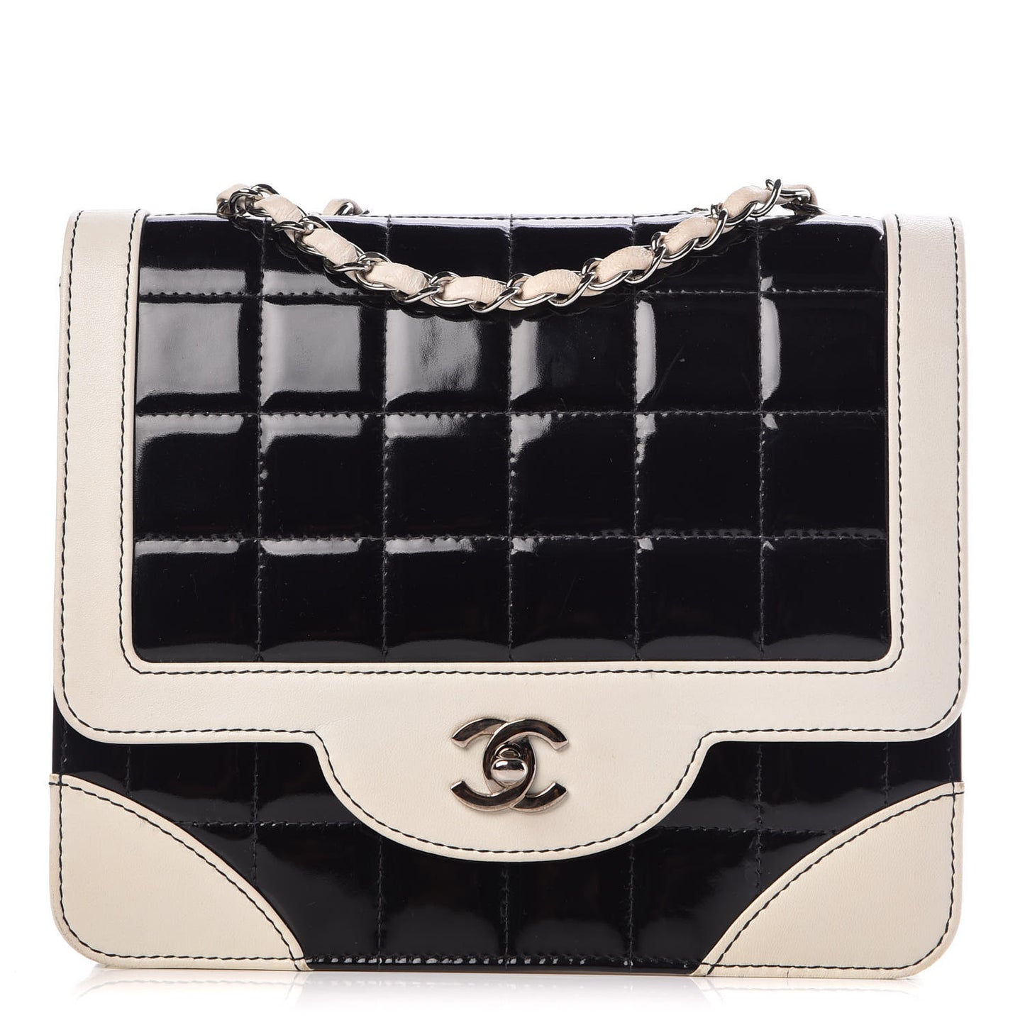 Lambskin Patent Chocolate Bar Flap Black White