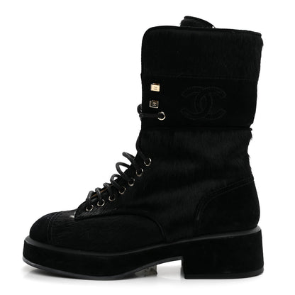 Chanel Suede Pony Hair Shearling Lace Up Combat Boots 37.5 Black White 1 of 10