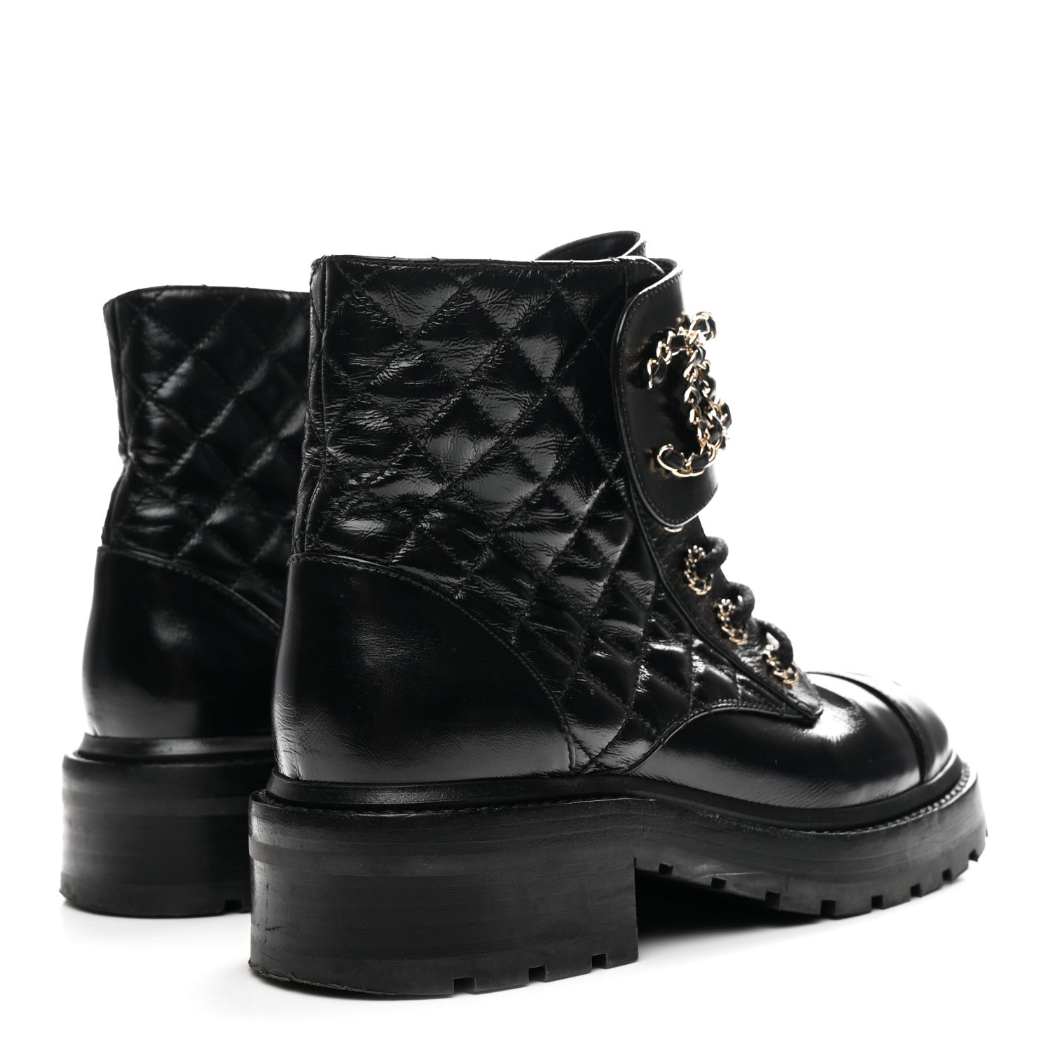Chanel Shiny Calfskin Quilted Lace Up Combat Boots 36 Black 5 of 10