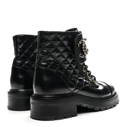 Chanel Shiny Calfskin Quilted Lace Up Combat Boots 36 Black 5 of 10