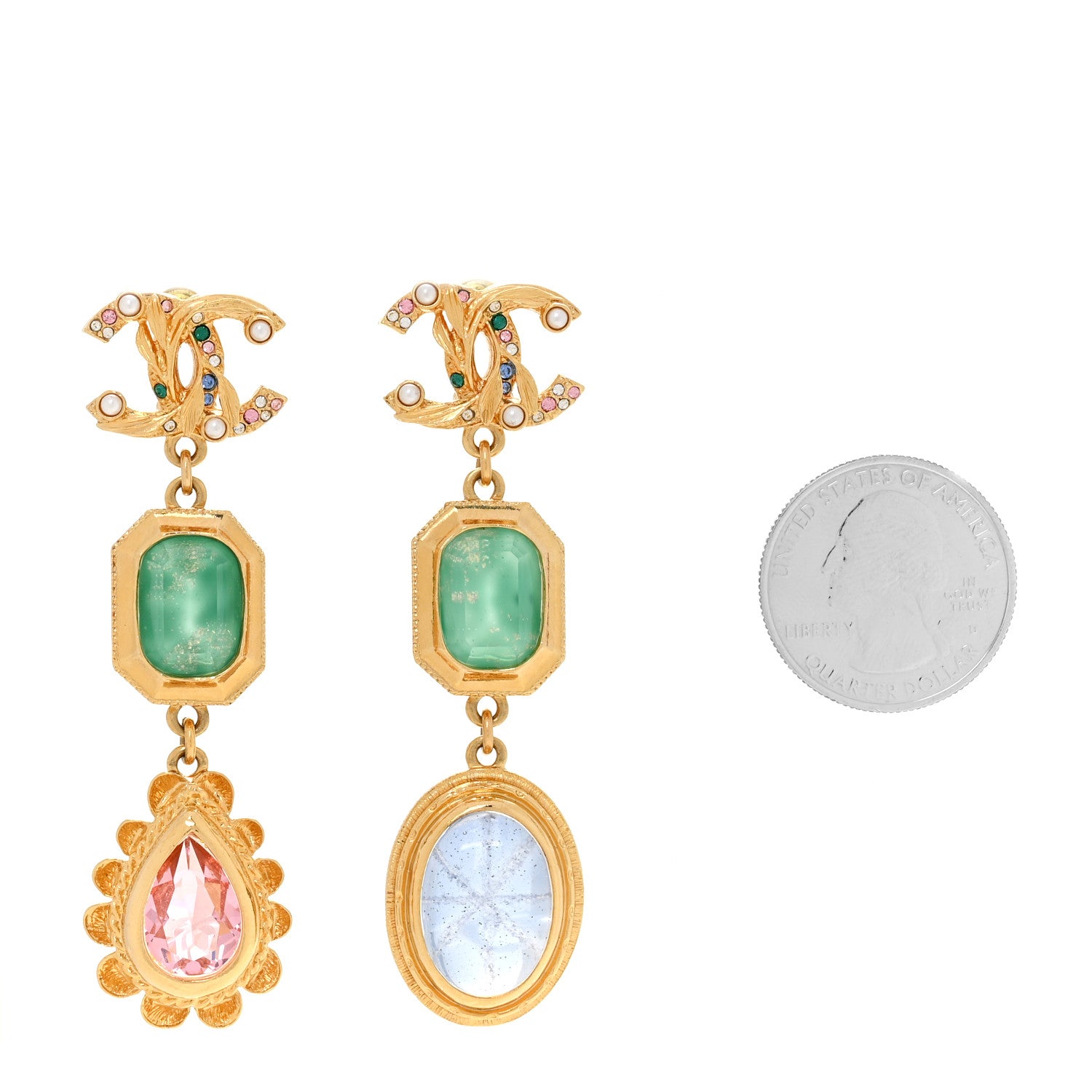 Chanel Crystal Pearl CC Drop Earrings Gold Green Pink 2 of 4