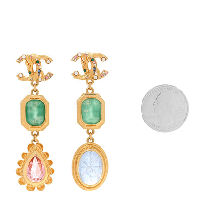 Chanel Crystal Pearl CC Drop Earrings Gold Green Pink 2 of 4