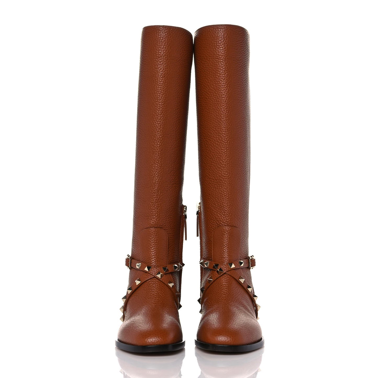 Calfskin Rockstud Knee High Flat Boots 36.5 Tan