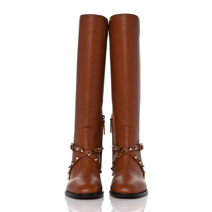 Valentino Garavani Calfskin Rockstud Knee High Flat Boots 36.5 Tan 2 of 6