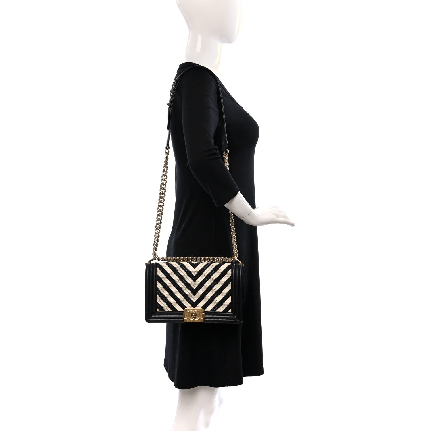 Chanel Fabric Chevron Braided Medium Boy Flap Black White 2 of 9