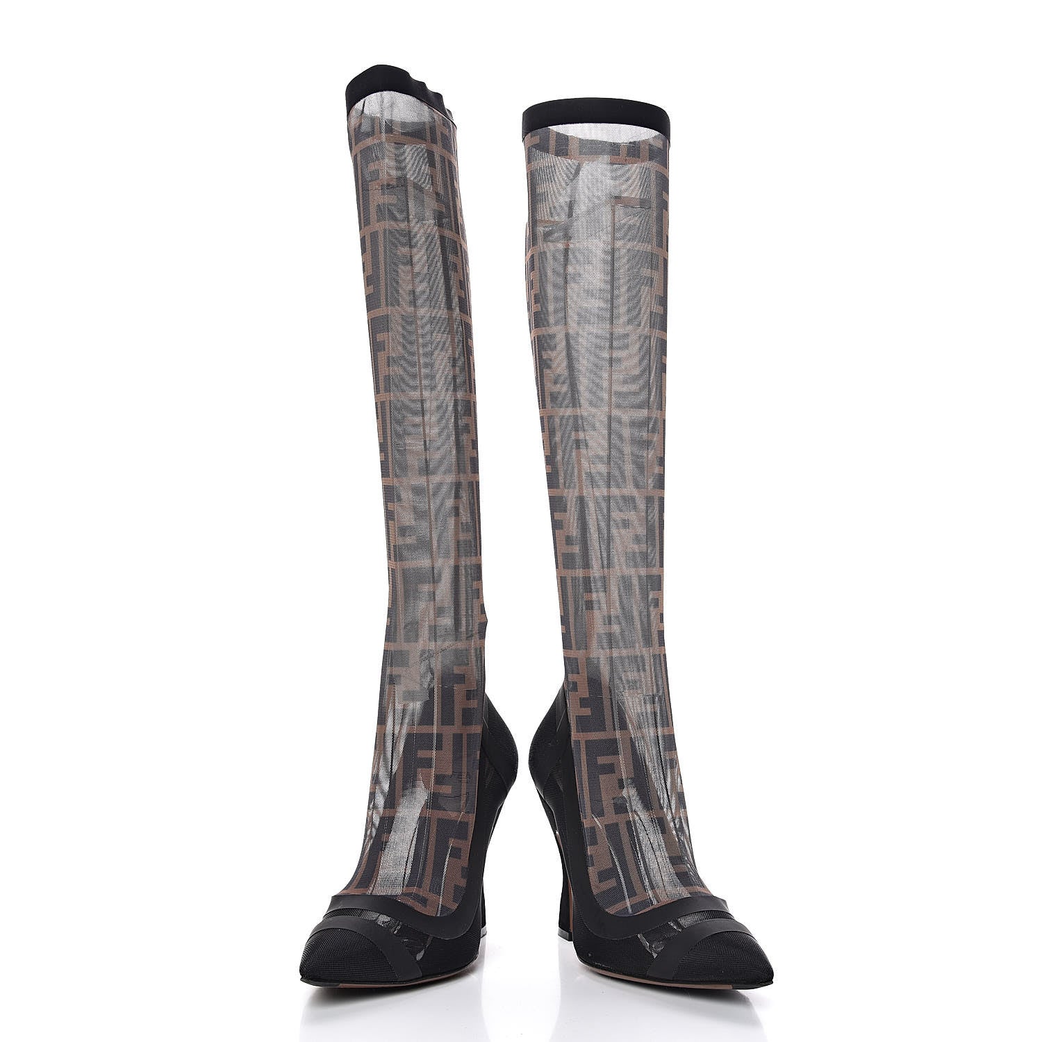 Fendi Technical Mesh FF Colibri High Heel Knee High Boots 37 Black Tobacco 11 of 12