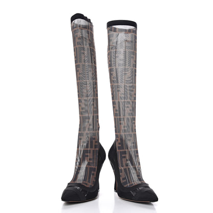 Fendi Technical Mesh FF Colibri High Heel Knee High Boots 37 Black Tobacco 11 of 12