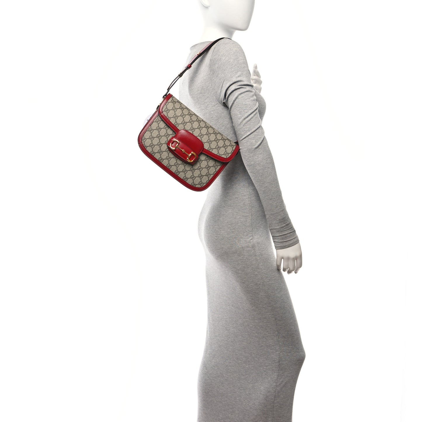 GG Supreme Monogram Azalea Calfskin Horsebit 1955 Shoulder Bag Beige Ebony New Cherry Red