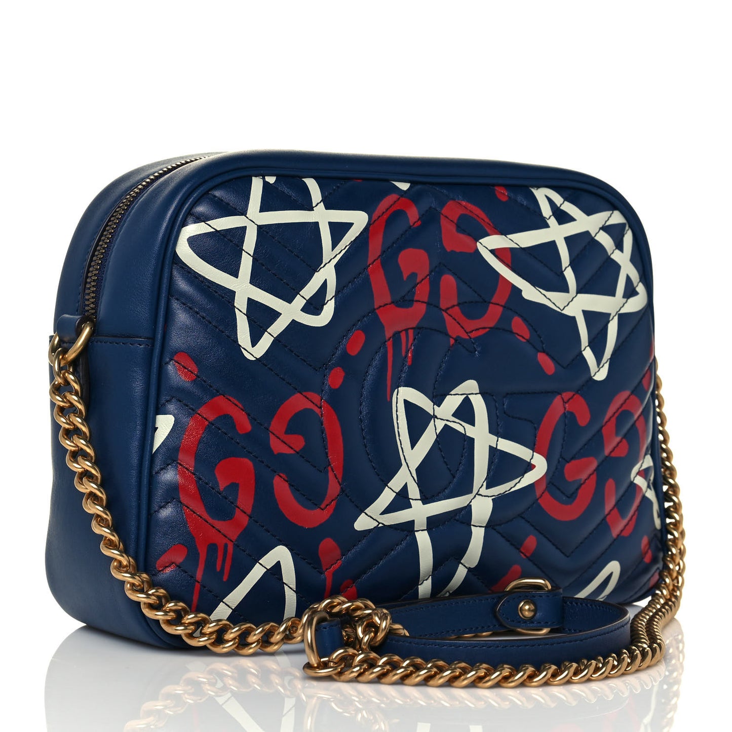 Calfskin Matelasse GucciGhost Medium GG Marmont Chain Shoulder Bag Blue Agata Hibiscus Red