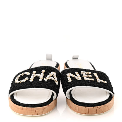 Chanel Tweed Lambskin Logo Mules 40.5 Black 2 of 9
