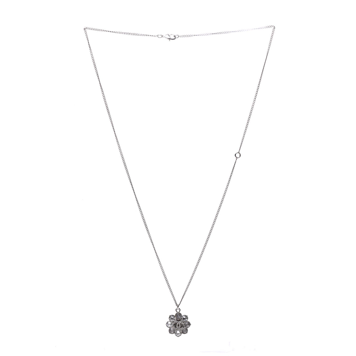Chanel Crystal CC Flower Pendant Necklace Silver 3 of 6