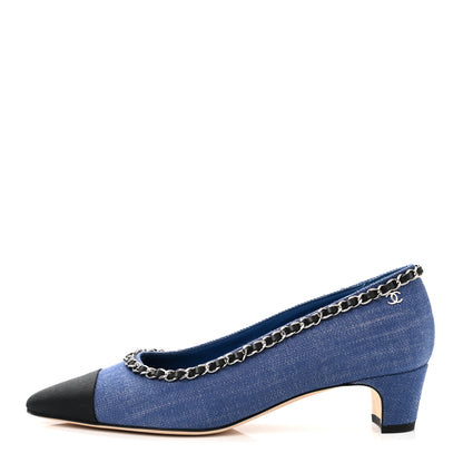 Chanel Denim Grosgrain Chain Cap Toe Pumps 38 Blue Black 1 of 10