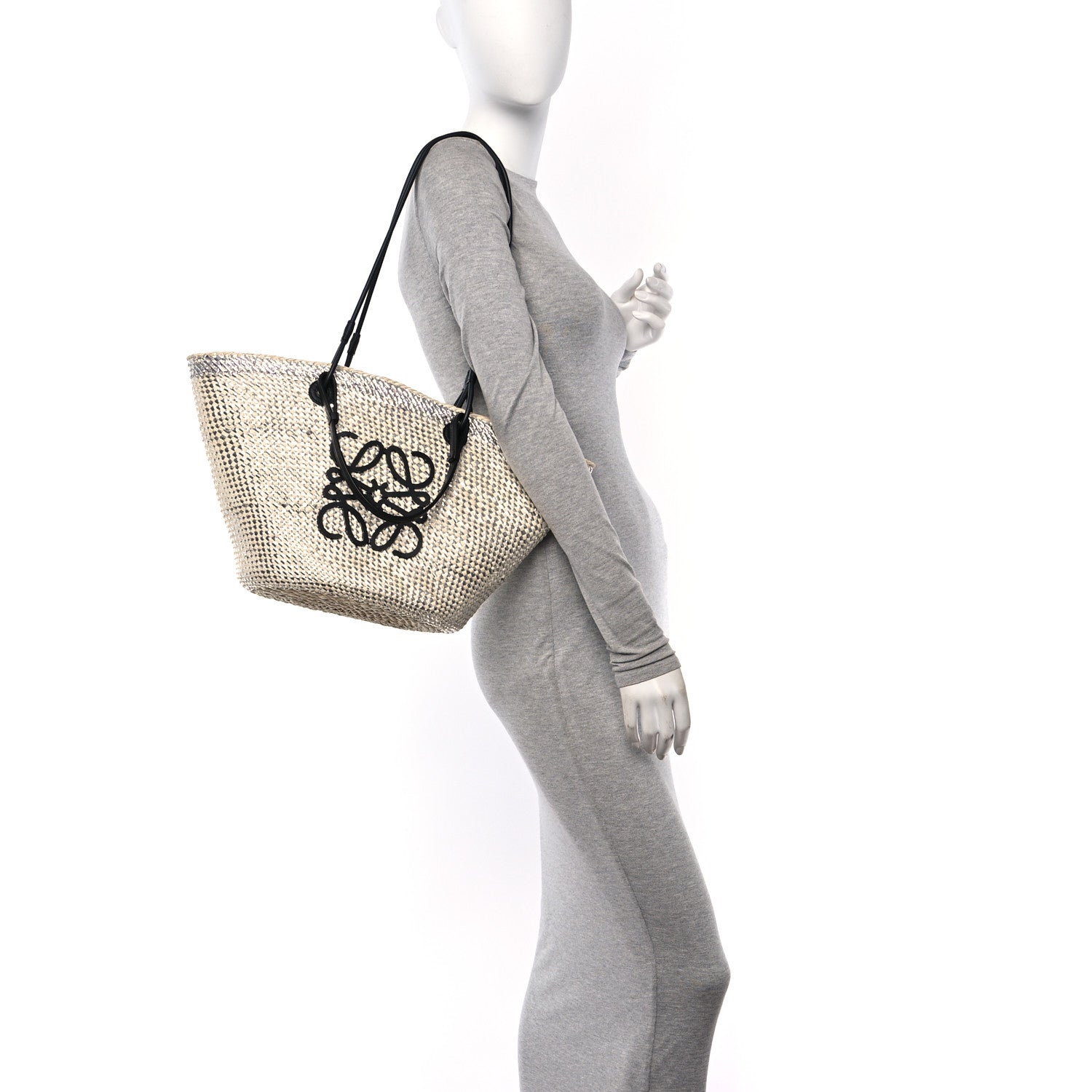 Loewe Calfskin Raffia Paulas Ibiza Sparkling Metallic Anagram Basket Tote Bag Natural Silver 2 of 9