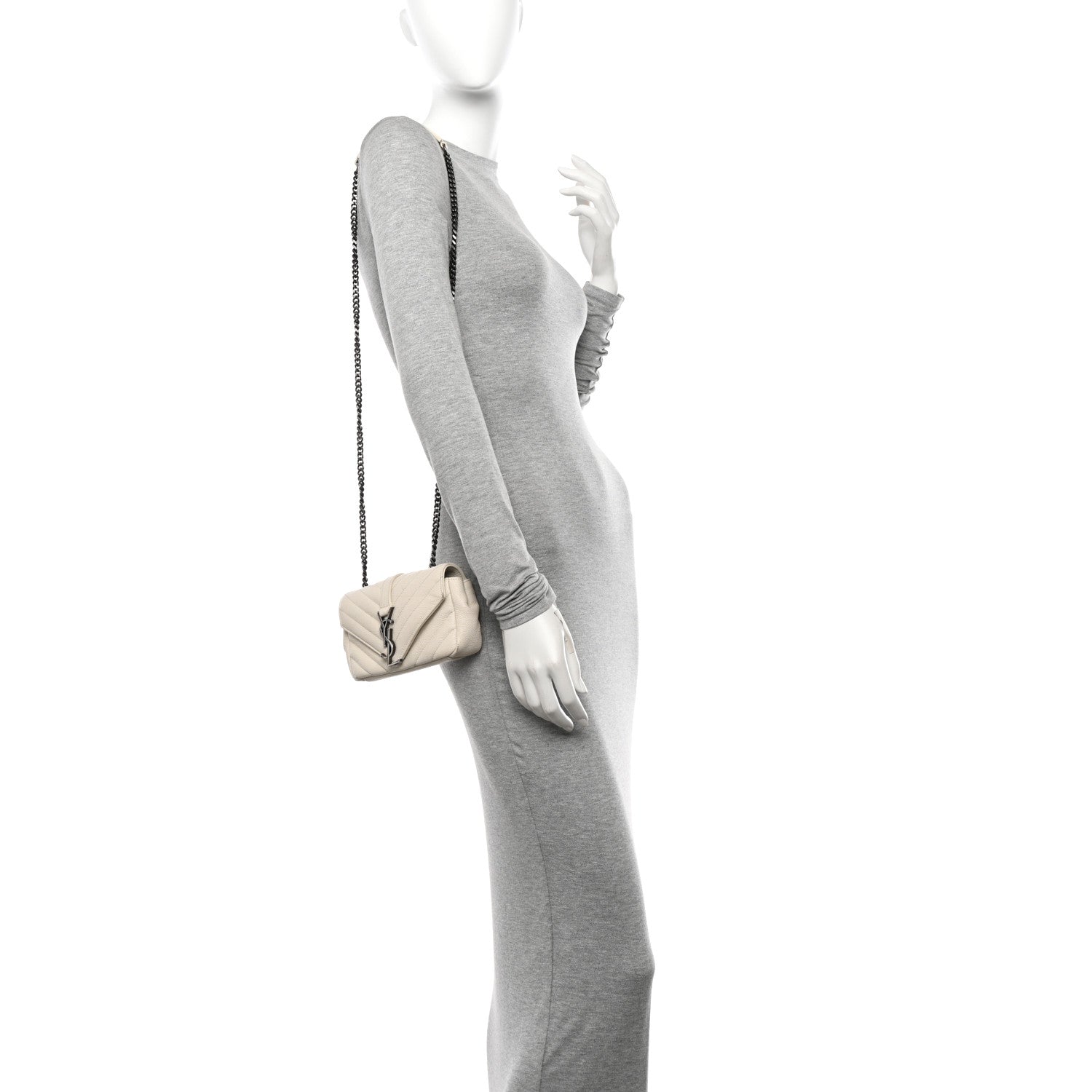 Saint Laurent Grained Calfskin Matelassé Chevron Monogram Classic Baby Chain Bag White 2 of 14
