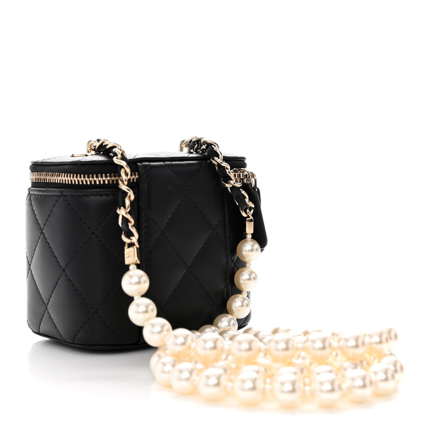 Lambskin Quilted Mini Vanity Case With Pearl Chain Black
