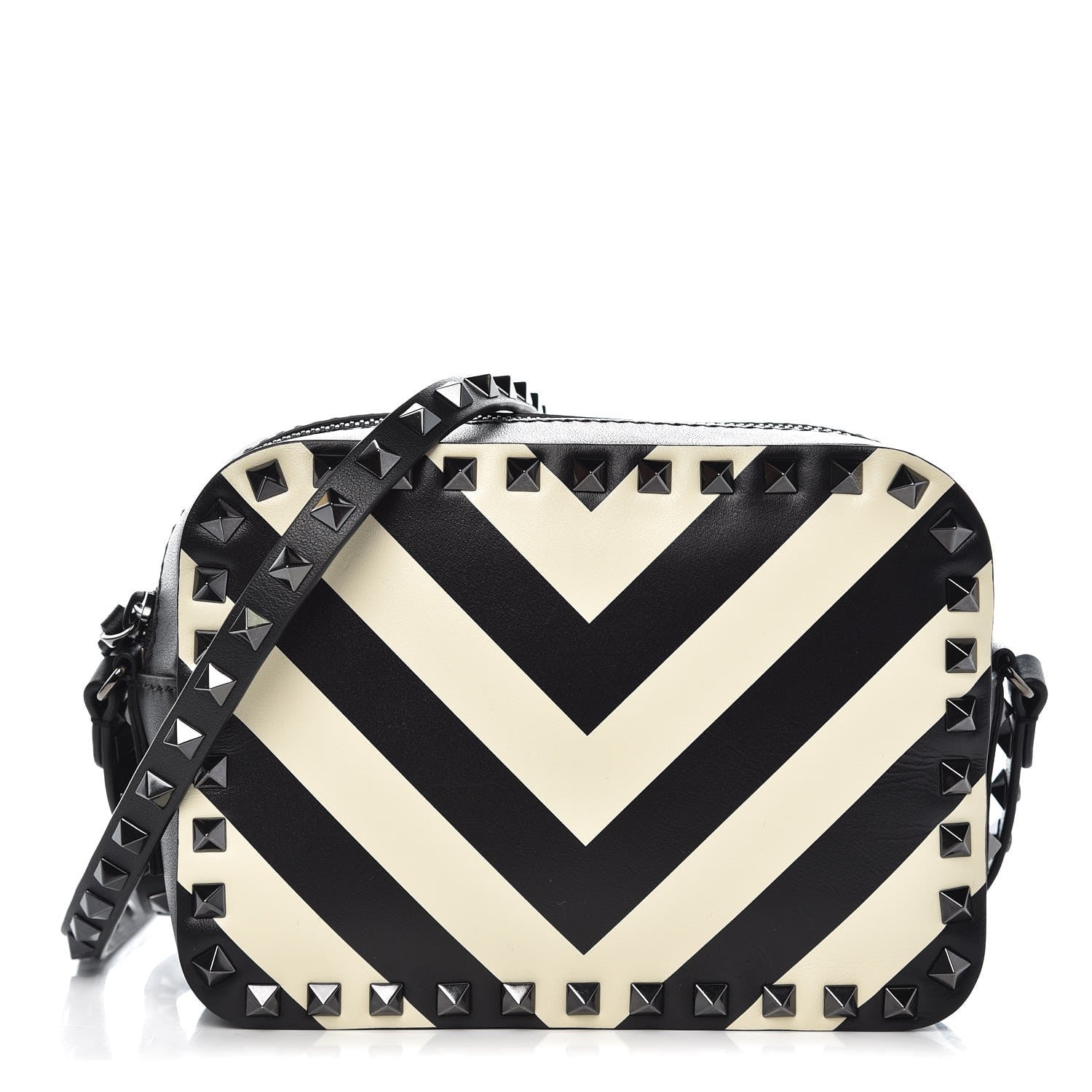 Valentino Garavani Vitello Chevron Rockstud Camera Crossbody Bag Light Ivory Black 1 of 7